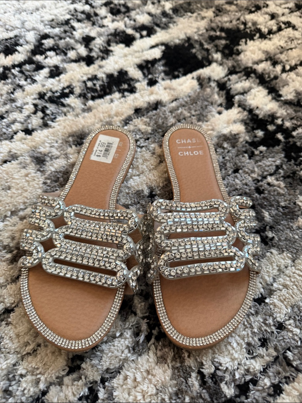 Chase + Chloe Silver Crystal Embellished Slide Mules